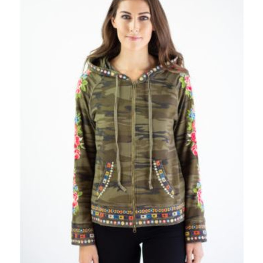 Johnny Was Army Green Embroidered Hooded Jacket XL